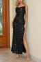 elegant slight stretch solid color sling sequins slit maxi dress_Black