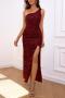 elegant slight stretch solid one shoulder sequins zip-up high slit maxi dress_Black_Pink_Red_Rose Red