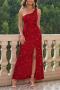 elegant slight stretch solid one shoulder sequins zip-up high slit maxi dress_Black_Pink_Red