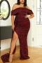 elegant plus size slight stretch padded off-shoulder sequins slit maxi dress_Black_Rose Red