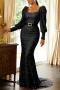 elegant non-stretch solid sequins zip-up mermaid hem maxi evening dress_Black
