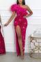 sexy plus size slight stretch one shoulder feather sequins high slit maxi dress_Magenta