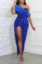sexy plus size slight stretch one shoulder feather sequins high slit maxi dress_Magenta_Blue