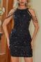 elegant slight stretch solid color sequins chain slim zip-up mini dress_Black