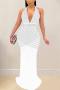 sexy plus size slight stretch solid rhinestone halter neck backless maxi dress_Black_White