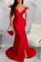 sexy plus size stretch off-shoulder zip-up feather slit mermaid maxi dress_Black_White_Red