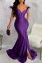 sexy plus size stretch off-shoulder zip-up feather slit mermaid maxi dress_Black_White_Red_Yellow_Dark Green_Sea Blue_Purple