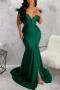 sexy plus size stretch off-shoulder zip-up feather slit mermaid maxi dress_Black_White_Red_Yellow_Dark Green