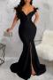 sexy plus size stretch off-shoulder zip-up feather slit mermaid maxi dress_Black