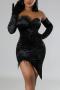 sexy plus size slight stretch velvet feather irregular midi dress(with gloves)_Black