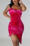sexy plus size slight stretch velvet feather irregular midi dress(with gloves)_Black_White_Magenta
