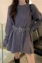 casual slight stretch knitted loose with belt mini dress(size run small)_Black_White_Dark Gray