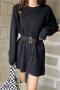 casual slight stretch knitted loose with belt mini dress(size run small)_Black