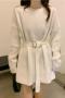 casual slight stretch knitted loose with belt mini dress(size run small)_Black_White