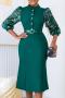 casual plus size slight stretch batch printing lapel with belt midi dress_Black_Green