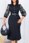 casual plus size slight stretch batch printing lapel with belt midi dress_Black