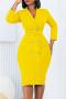 sexy plus size slight stretch 3 colors suit collar with belt midi dress_Yellow