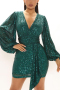 sexy plus size slight stretch 4 colors deep v-neck sequin decor mini dress_Black_White_Green