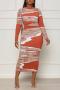 sexy slight stretch printing slim long sleeve midi dress_Black_Orange