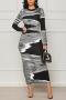 sexy slight stretch printing slim long sleeve midi dress_Black