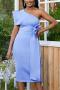 sexy plus size slight stretch solid color bow decor one shoulder midi dress_Pink_Sky Blue