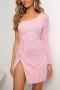 elegant slight stretch solid sequins one shoulder zip-up slim mini dress_Black_Pink