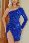 elegant slight stretch solid sequins one shoulder zip-up slim mini dress_Black_Pink_Dark Green_Blue