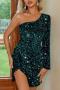 elegant slight stretch solid sequins one shoulder zip-up slim mini dress_Black_Pink_Dark Green