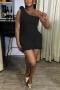 sexy slight stretch solid color flower decor one shoulder slim mini dress_Black