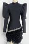 elegant slight stretch rhinestone feather tight zip-up high quality mini dress_Black