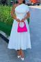 casual plus size non-stretch pleated one-shoulder midi dress(with girdle)_White