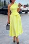 casual plus size non-stretch pleated one-shoulder midi dress(with girdle)_White_Red_Yellow