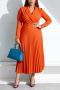 casual non-stretch solid color pleated orange midi dress_Black_Red_Orange