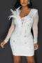 sexy plus size slight stretch rhinestone feather decor v-neck slim mini dress_Black_White