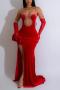 sexy plus size stretch sling rhinestone high slit velvet maxi dress(with gloves)_Black_Red