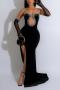 sexy plus size stretch sling rhinestone high slit velvet maxi dress(with gloves)_Black