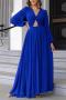 elegant non-stretch solid color kink hollow lantern sleeve maxi dress_Pink_Magenta_Sea Blue