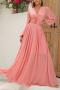 elegant non-stretch solid color kink hollow lantern sleeve maxi dress_Pink