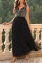 elegant non-stretch mesh patchwork sequins sleeveless maxi dress_Black