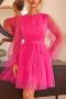elegant non-stretch solid color mesh sequins long sleeve mini dress_Black_Magenta