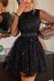 elegant non-stretch solid color mesh sequins long sleeve mini dress_Black