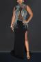 sexy plus size slight stretch rhinestone high slit see-through maxi dress_Black