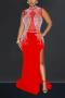 sexy plus size slight stretch rhinestone high slit see-through maxi dress_Black_Red