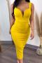 sexy plus size slight stretch solid color deep v-neck slit midi dress_Yellow
