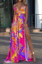 sexy plus size slight stretch leaf batch printing sling slit maxi dress_Magenta