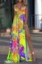 sexy plus size slight stretch leaf batch printing sling slit maxi dress_Magenta_Yellow