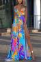 sexy plus size slight stretch leaf batch printing sling slit maxi dress_Magenta_Yellow_Blue