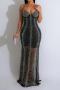 sexy plus size slight stretch mesh rhinestone sling padded maxi dress_Black