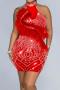 sexy plus size slight stretch halter neck feather rhinestone slim mini dress_Black_Red