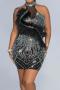 sexy plus size slight stretch halter neck feather rhinestone slim mini dress_Black